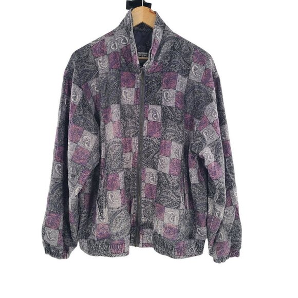 Vital Zone Jacket Large Geometric Paisley  100% Silk Shell Full Zip Purple Gray - Picture 1 of 7
